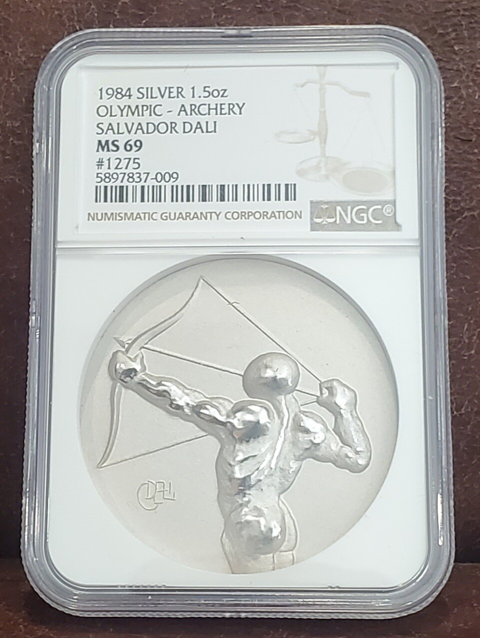 1984 NGC MS 69 #1275 UNITED STATES 1.5oz Silver "OLYMPIC-ARCHERY" Salvador Dali