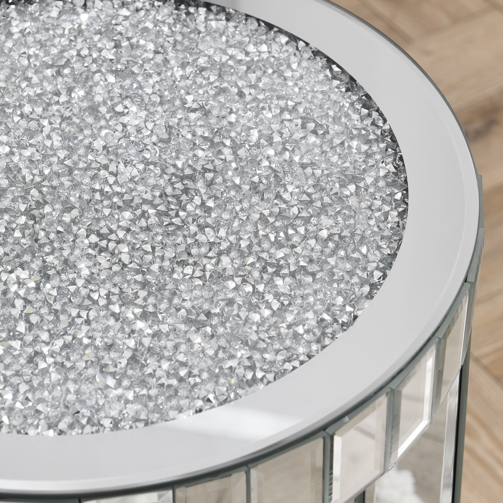 Mirrored Round End Table w/ Crystal Inlay, 2-Tier Coffee Table Silver