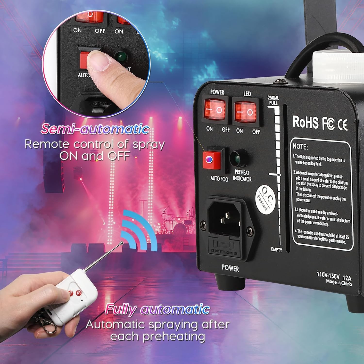 500W Fog Machine Mini Auto Smoke LED Lights Wireless Remote Control | 2500CFM Sm
