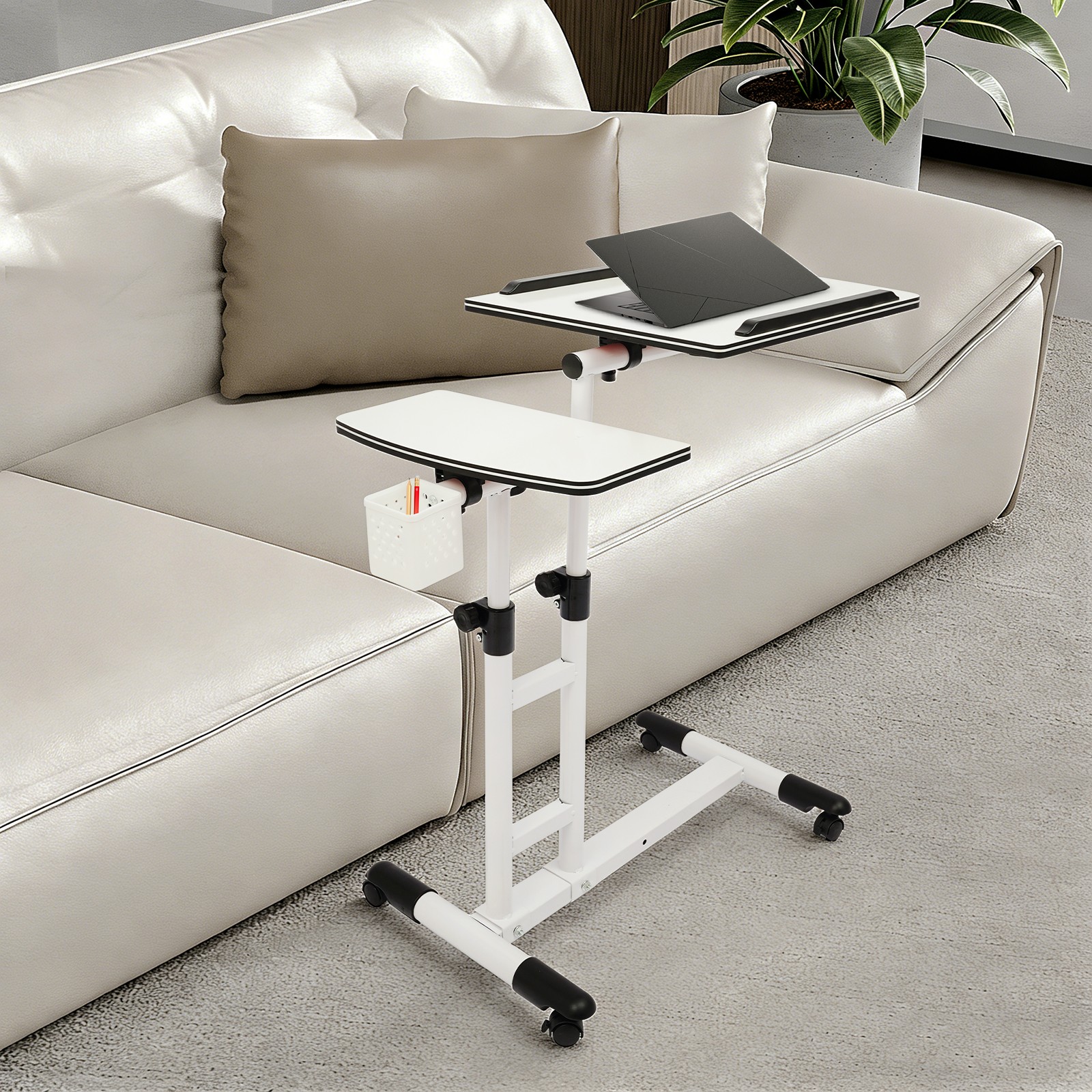 Side Table w/Wheels,Height Adjustable Computer Table,Free Standing Writing Table