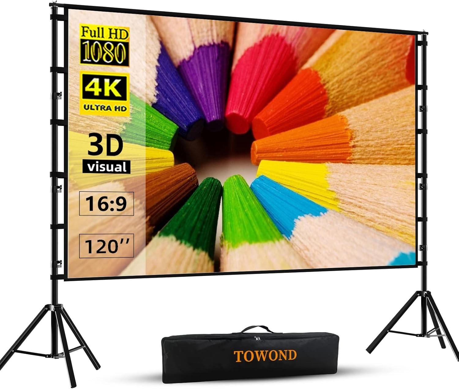Portable 120 Inch Projector Screen w/ Stand 4K UHD 16:9 HD Wrinkle-Free Cinema