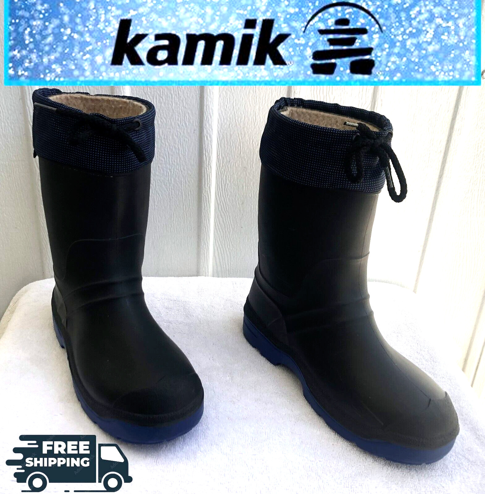 Kamik Insulated Winter Boots Fully Lined Black Blue Kid Size 6 Y Rain Snow