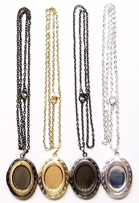 4 Colors 18x13 mm Victorian Style Etched Locket Pendant Setting w/Chains 38x24mm