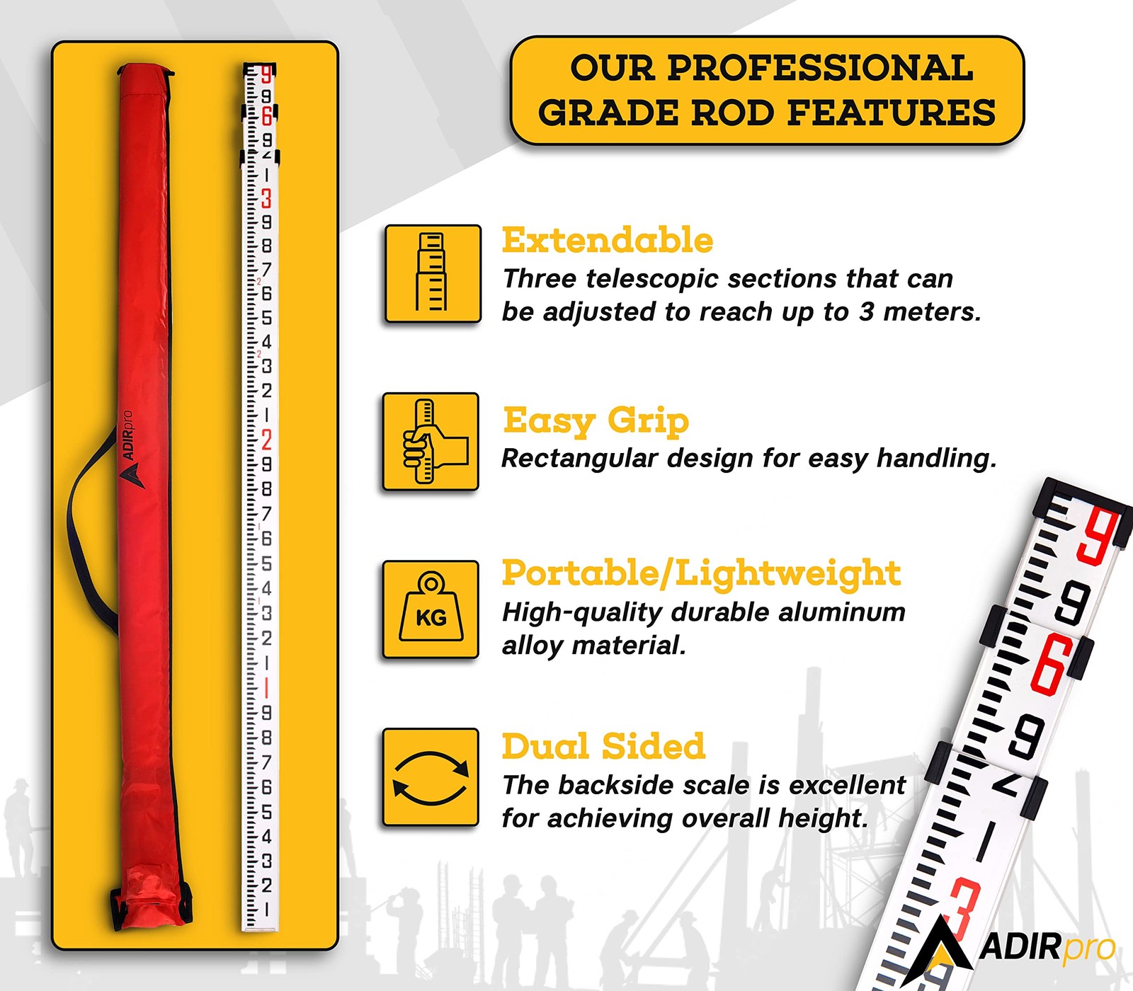 9 ft Aluminum Telescoping Grade Rod | Dual-Sided 5-Section Leveling Rod