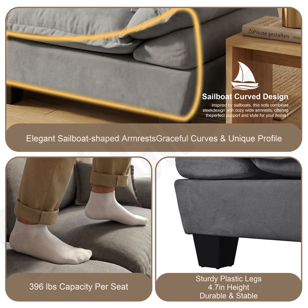 Modular Sectional Sofa, Cloud Couch with Sailboat Design, 1 Movable Ottomans & 2
