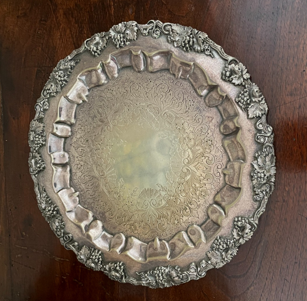 Vintage Barbour International Silver Plate 9" Serving Plate w/Grape Leaf Border