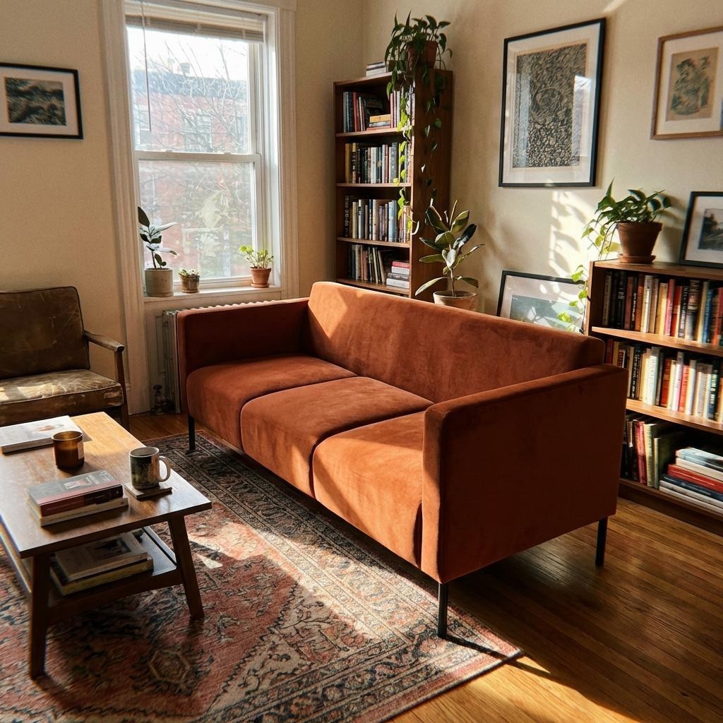 NEW 74" Velvet Sofa burnt orange, Comfy Padded Modern Living Room Couch