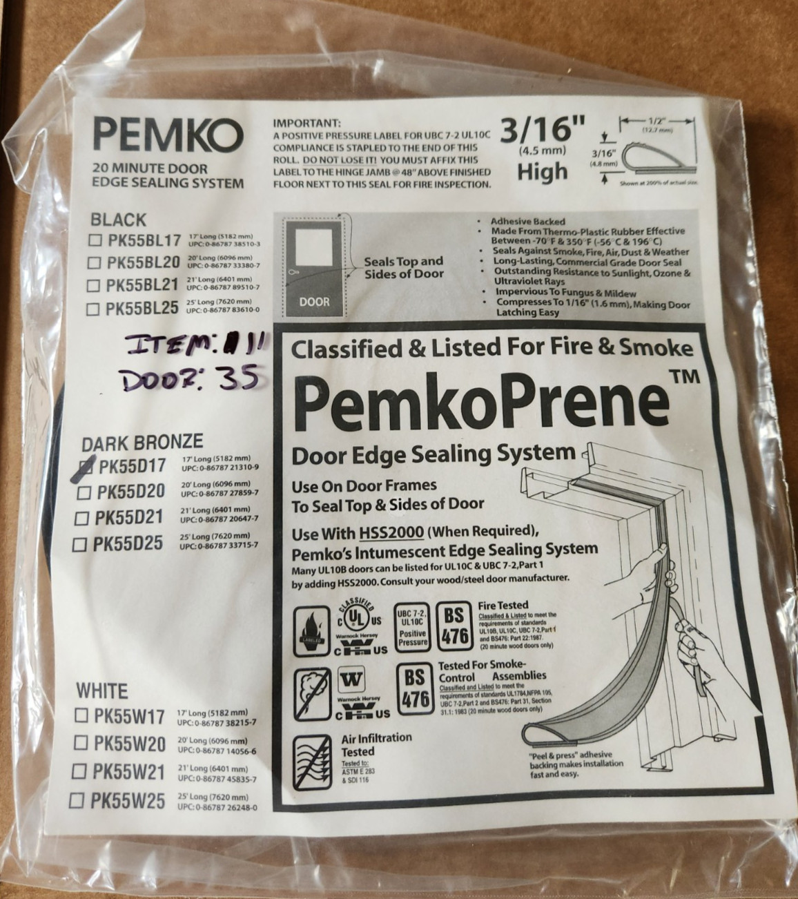 Pemko PK55D17 Fire & Smoke Door Edge Sealing Gasket 17' Dark Bronze PemkoPrene