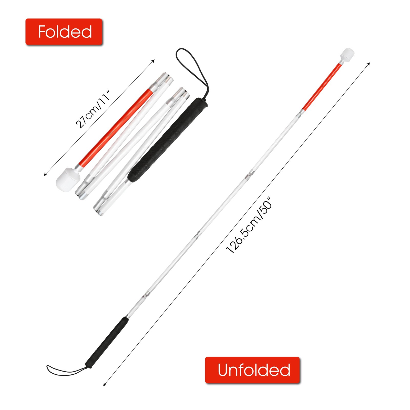 Blind Cane Stick - Mobility Reflective Red-White Foldable Red, White, Black