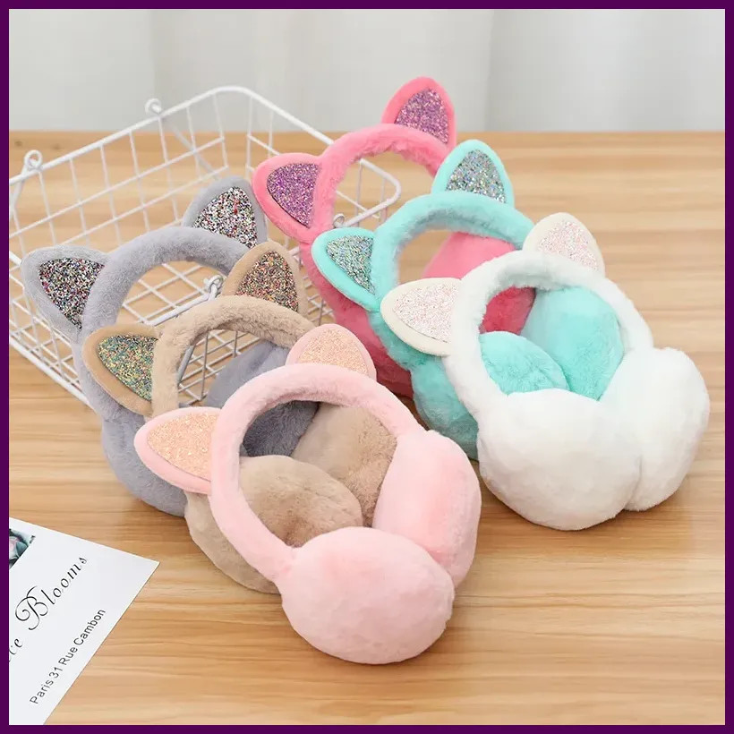 Winter Warm Cat Ear Warmers Glitter Ears Plush Earmuffs for Women Playful Girls