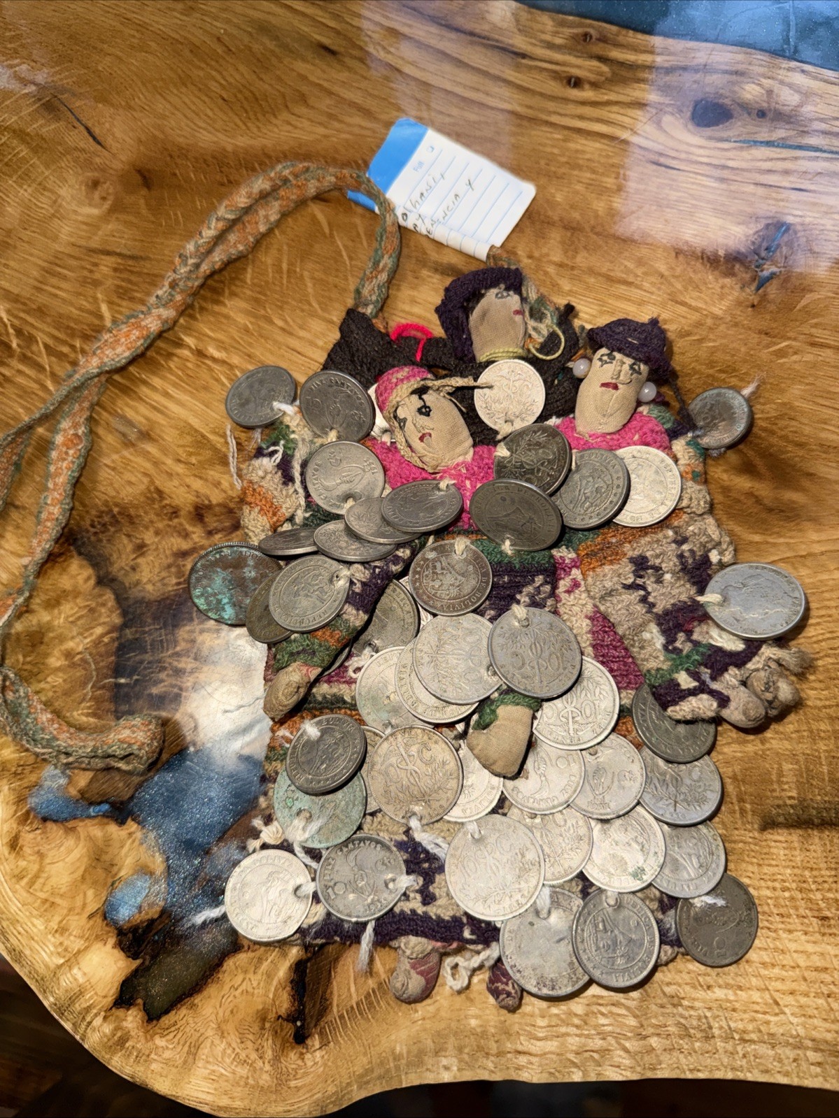 Vintage Bolivian Ekeko Prosperity Charm Bag Folk Art w/ Antique Coins Andean