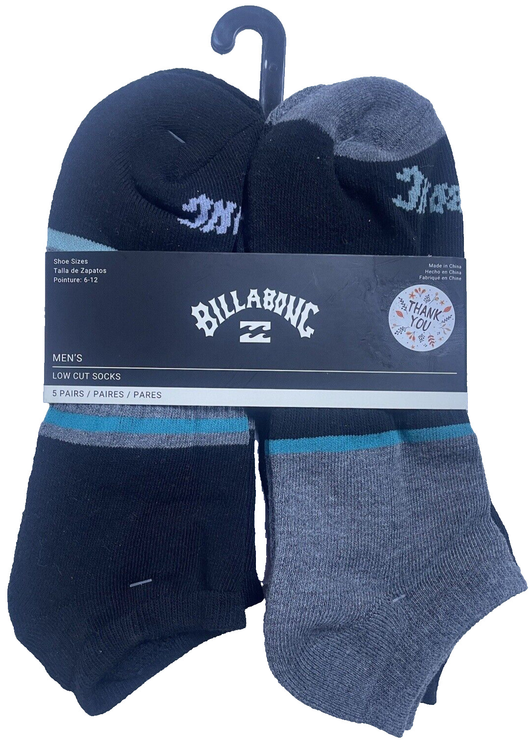 BILLABONG 5 Pair Men's Low Cut Socks BLACK WHITE GRAY Shoe Sizes 6-12 $24.95 NWT