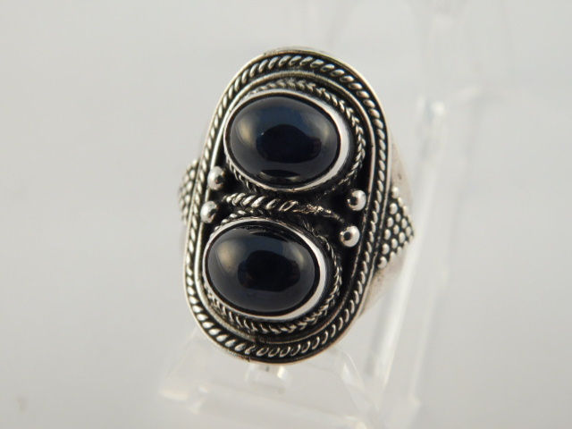 ONYX STERLING DOUBLE CABOCHON BEADED RING SZ 9.25 SILVER 925