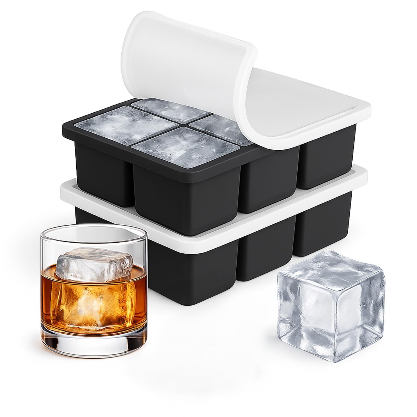 Large Silicone Ice Cube Trays 2 Pack 2 Inch Square Ice Molds with Removable L...
