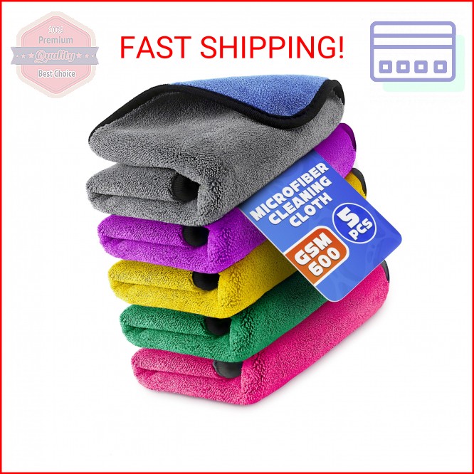 5 Pcs Thick Microfiber Cleaning Cloth – Dual-Layer Cleaning Rags, High-Tensile G