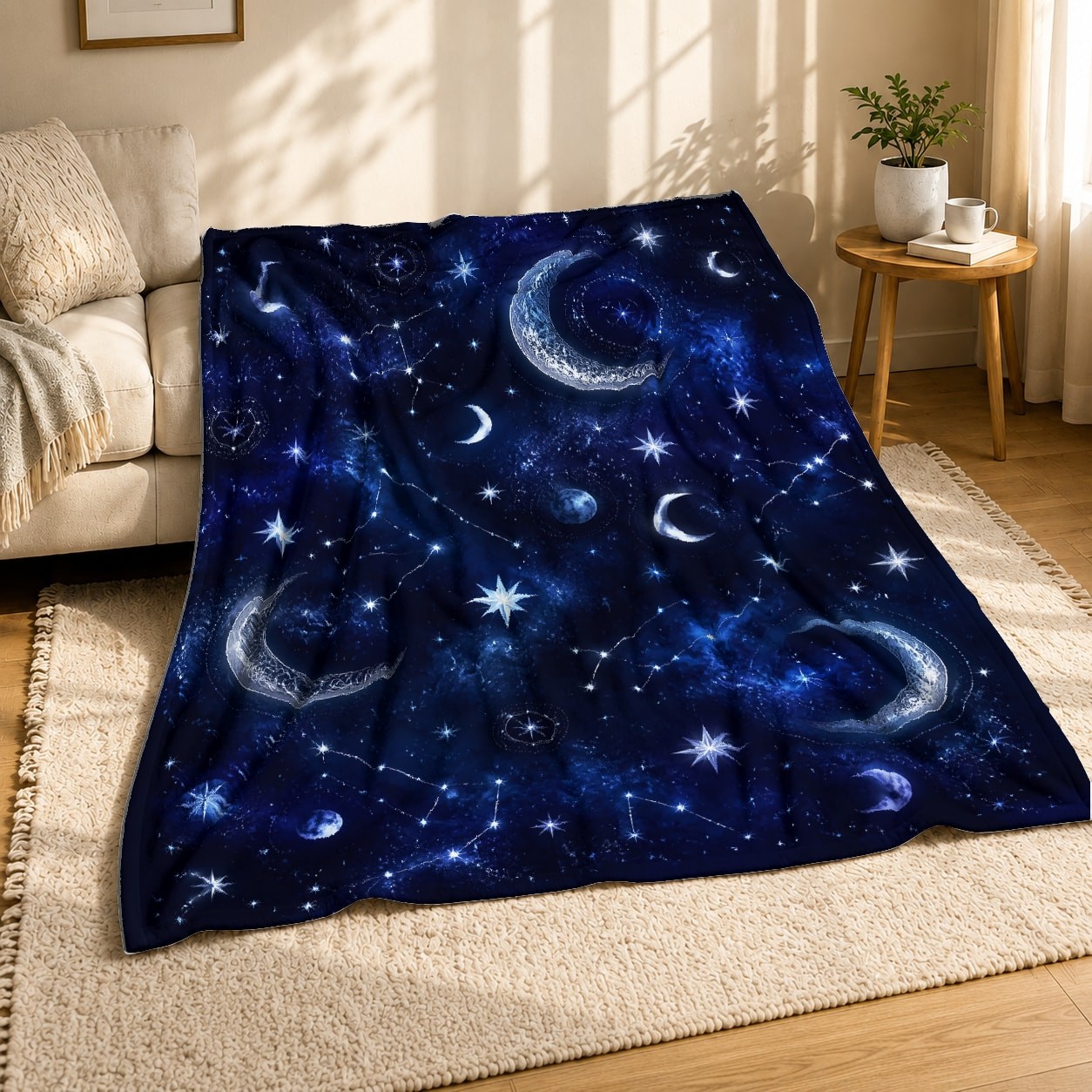 Crescent Moon Constellation Coral Fleece Blanket Night Sky Decor
