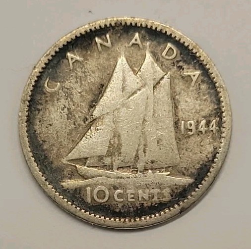 1944 King George VI Canada 0.800 Silver Ten 10 Cents Coin
