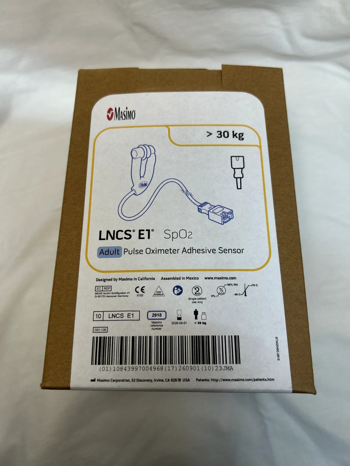 Masimo 2918 LNCS E1 SpO2 Adult Oximeter Adhesive Sensor 30kg EXP: 2028 Box of 10