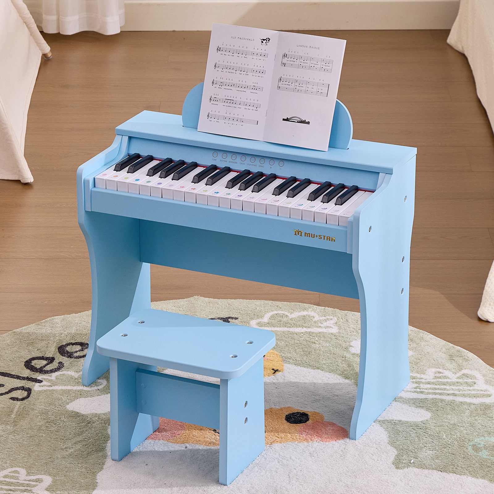 Blue Wood 37Key Kids Digital Piano Keyboard Toddler Education Music Toys w/Stool