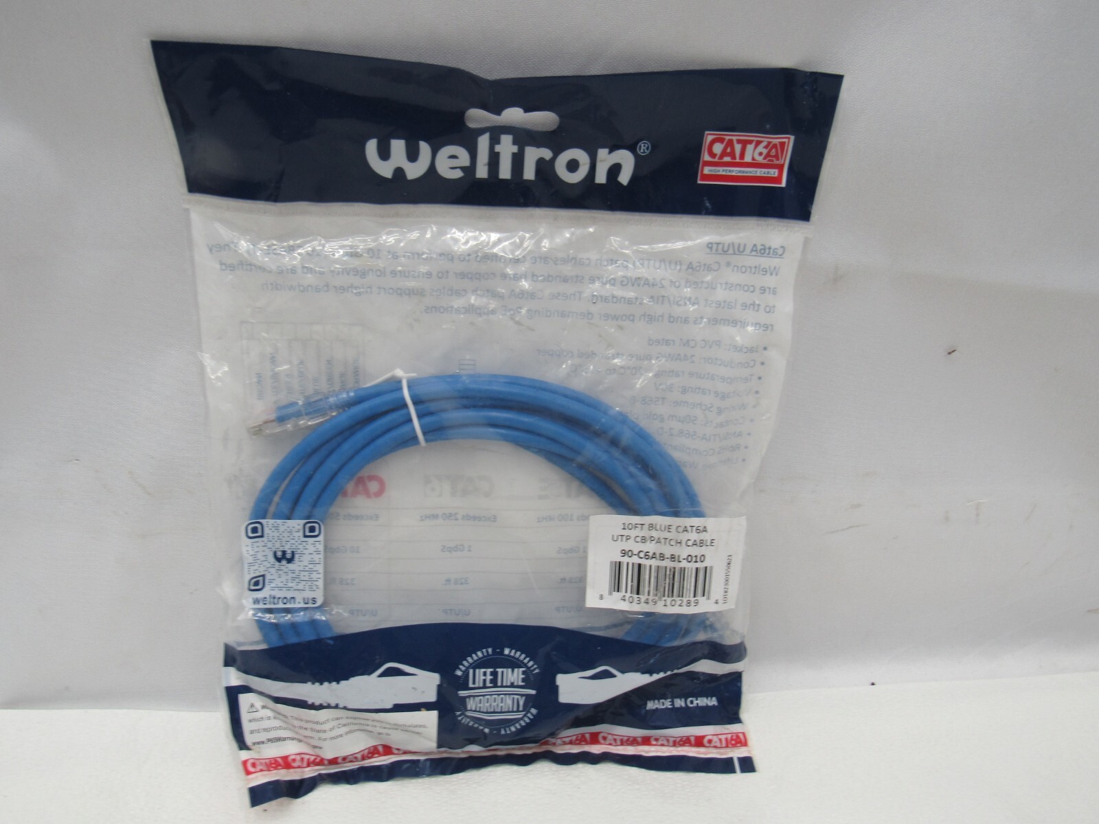 Weltron  Cat6A UTP Patch Cable Blue 10' 90-C6AB-BL-010