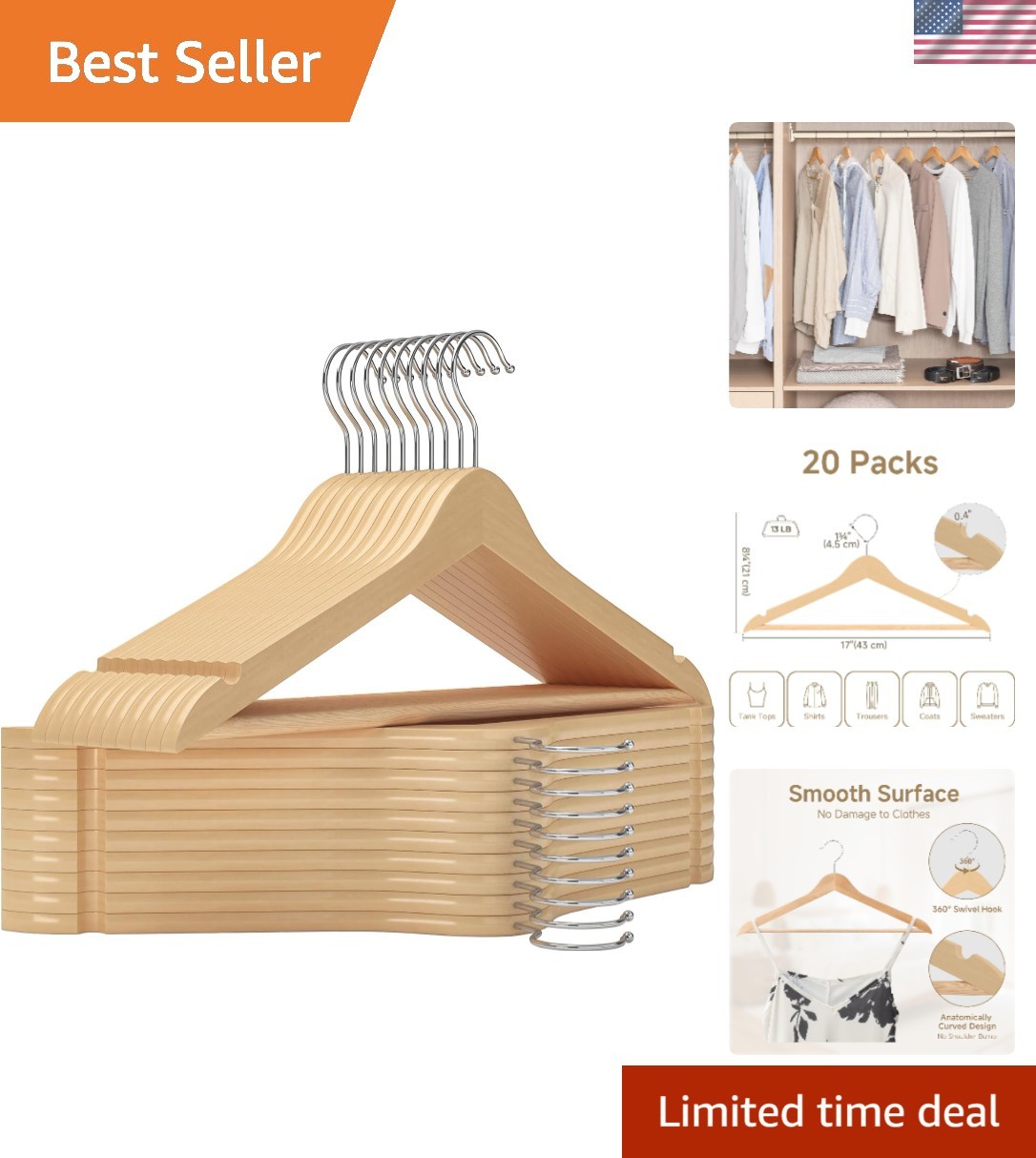 20 Pack Natural Wood Hangers with 360° Swivel Hook – Durable Closet Solution