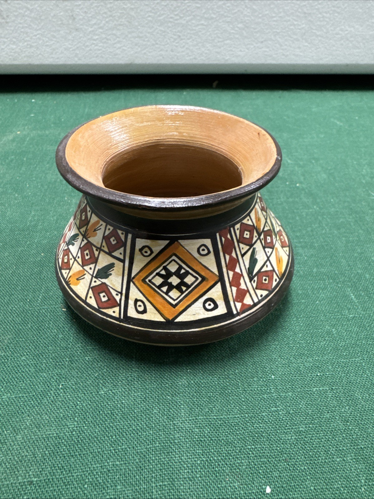 Peruvian Pottery Hand Painted Small Vase Red Clay Geometric Pattern Bud 3" Pot