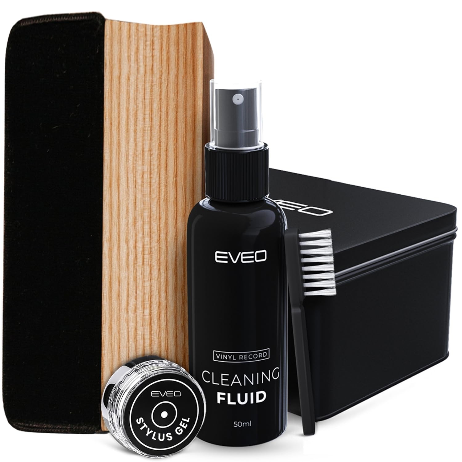 EVEO Vinyl Record Cleaning Kit - 4-in-1 Premium 4 Piece Set, Black