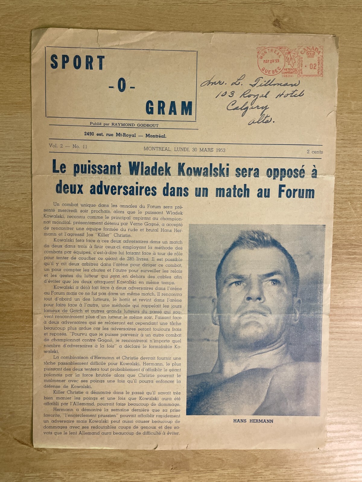 Sport-O-Gram March 30, 1953 French/English Kowalski Wrestling Program B2448