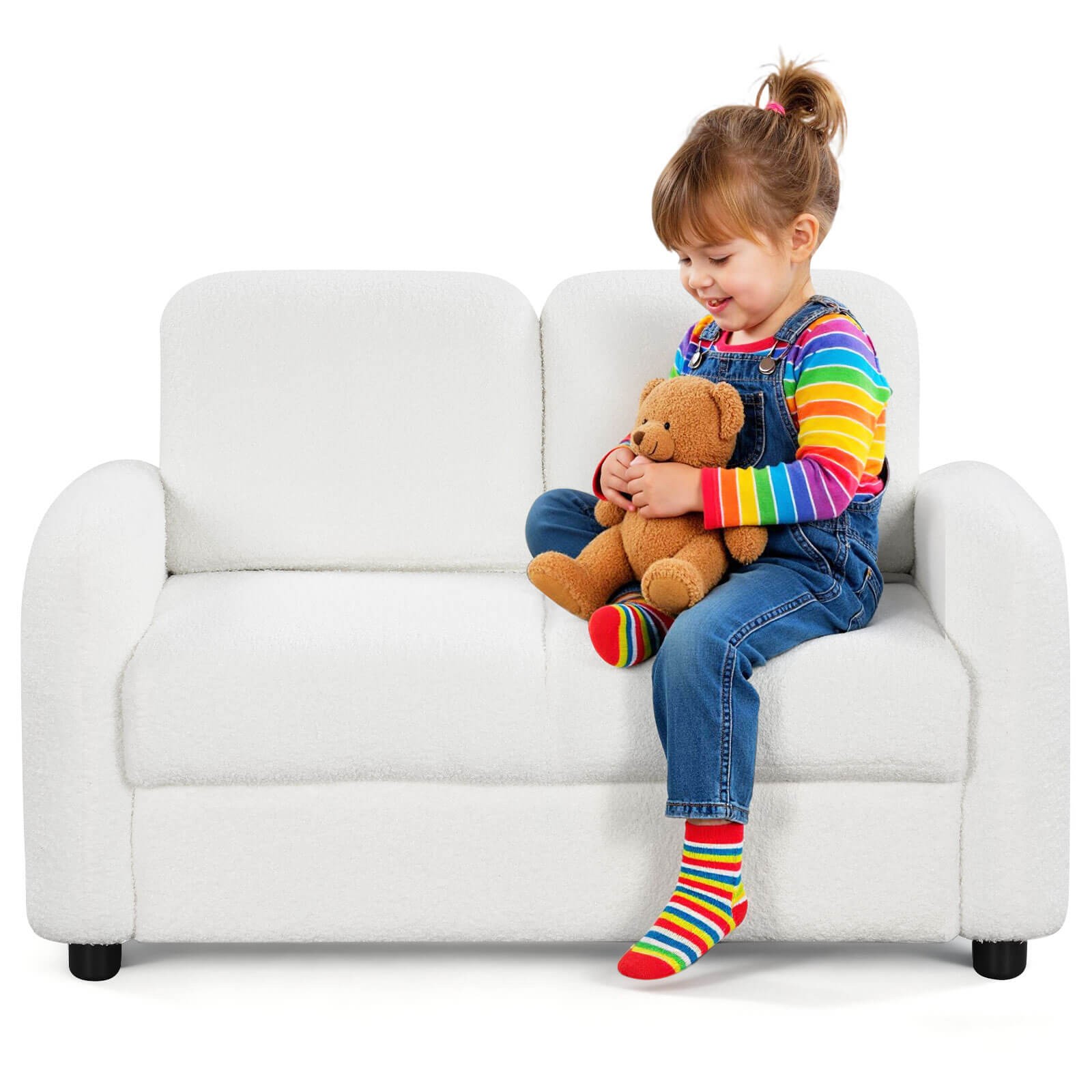 2-Seat Kids Sofa Toddler Sofa Couch with Soft Teddy Fleece Upholstery White
