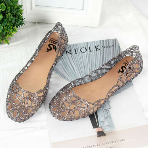 Women's Jelly Casual Shoes Hollow Out Flat Sandals Glitter Soft Comfy Loafers