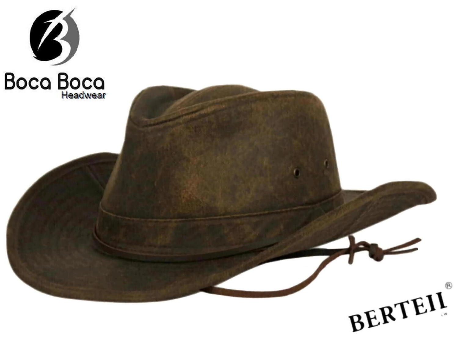 BERTEIL Premium Quality Waxed Cotton Outback Western Hat W/chin Cord Hat