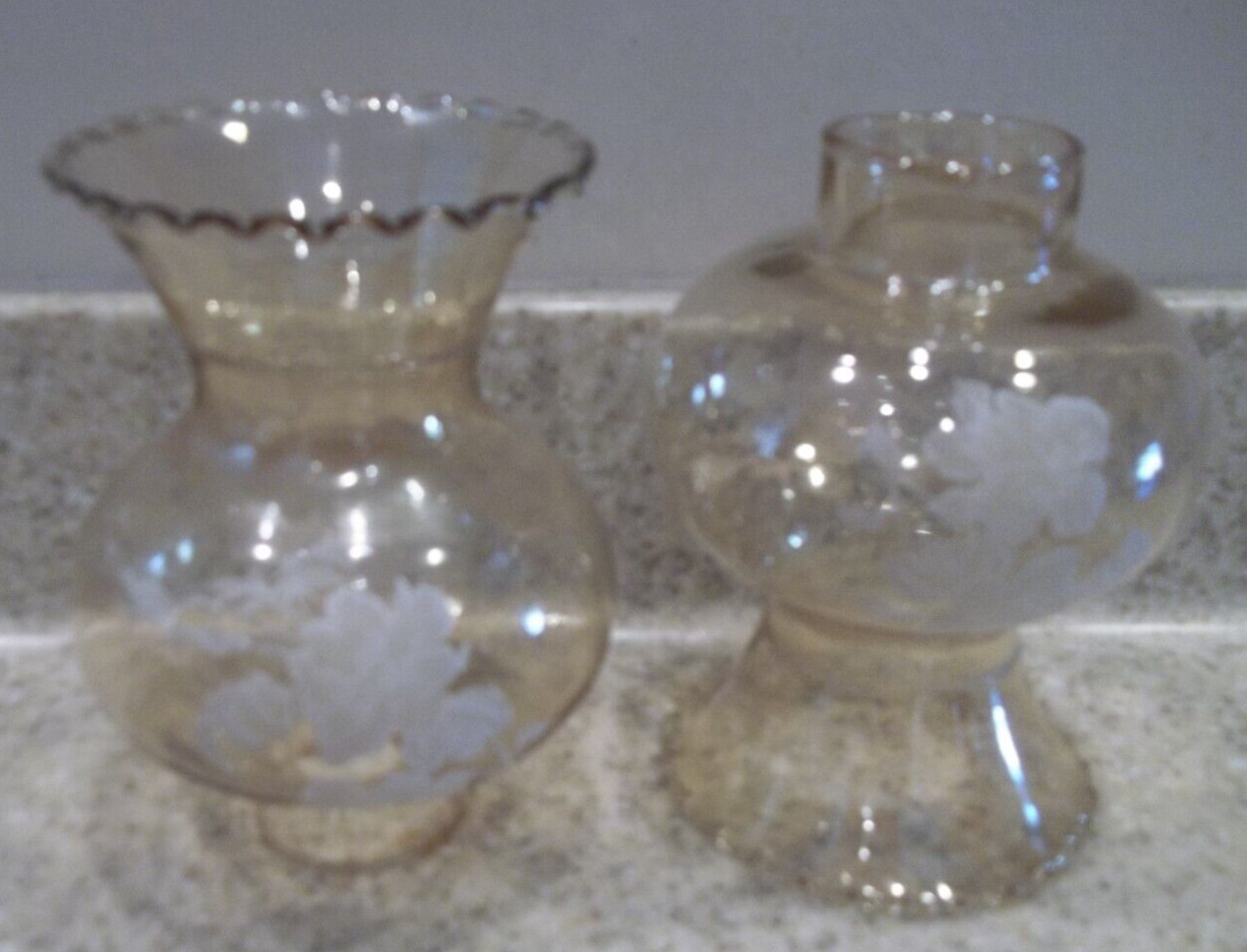 2 Glass Globes Amber with White Flowers Floral Top is Scalloped Glitter 4" Top