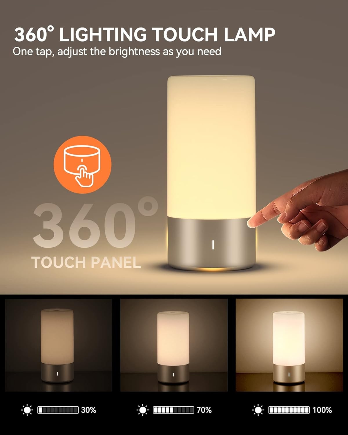 Table Lamp, Bedside Touch Control Lamp for Bedroom 3 Level Dimmable Warm Gray