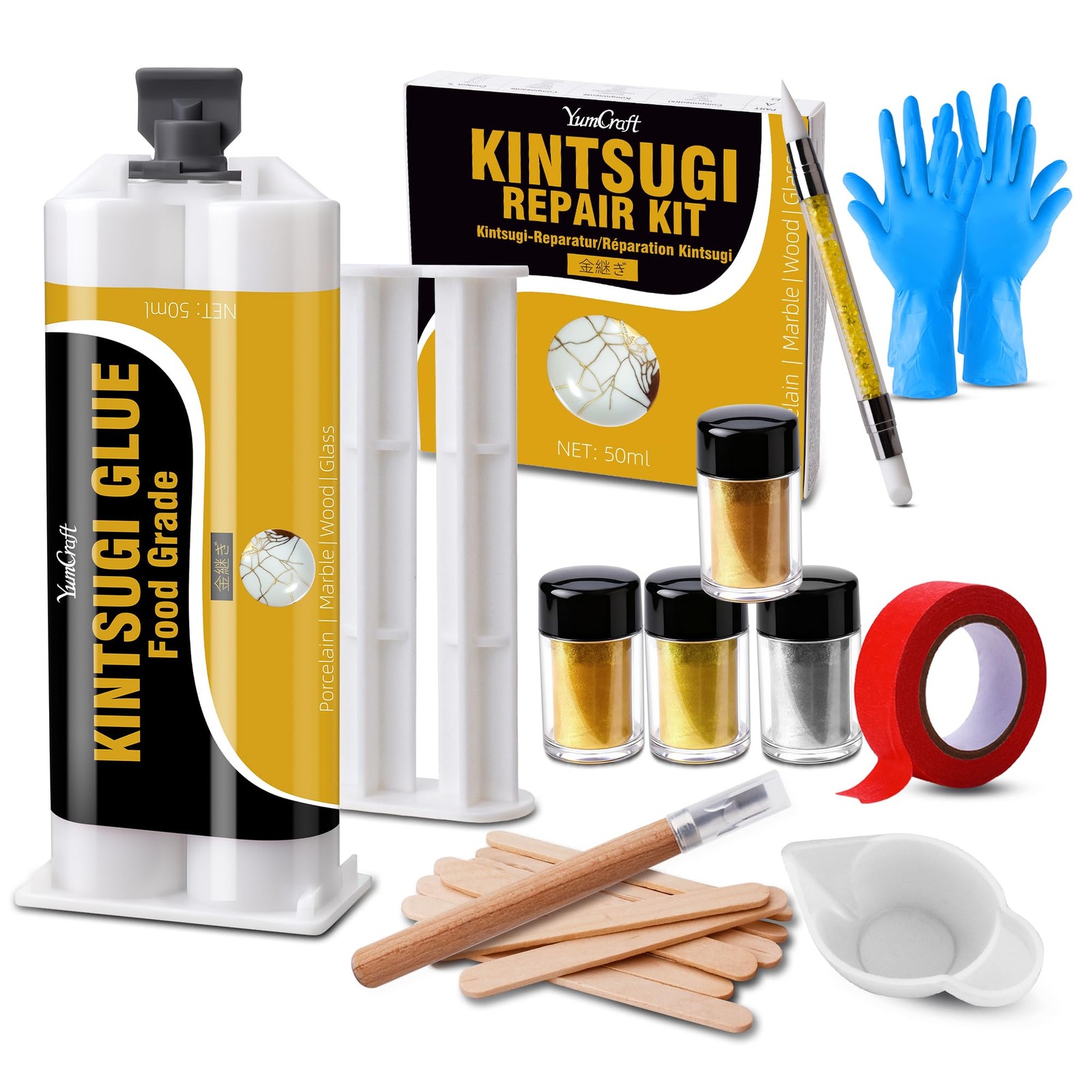 Kintsugi Repair Kit - Food-Safe Kintsugi Ceramic Glue 50ml with 4 Color Mica ...