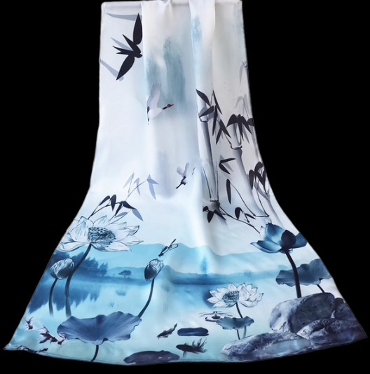 100% Silk mulberry Scarf Women shawl Wrap neckerchief floral blue black MY200-21