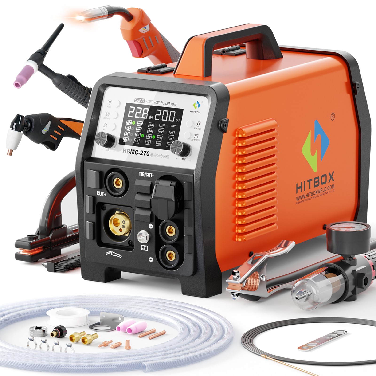 HITBOX Aluminum Welding 5-in-1 Gas/Gasless MIG HF TIG Plasma Cutter Stick Welder