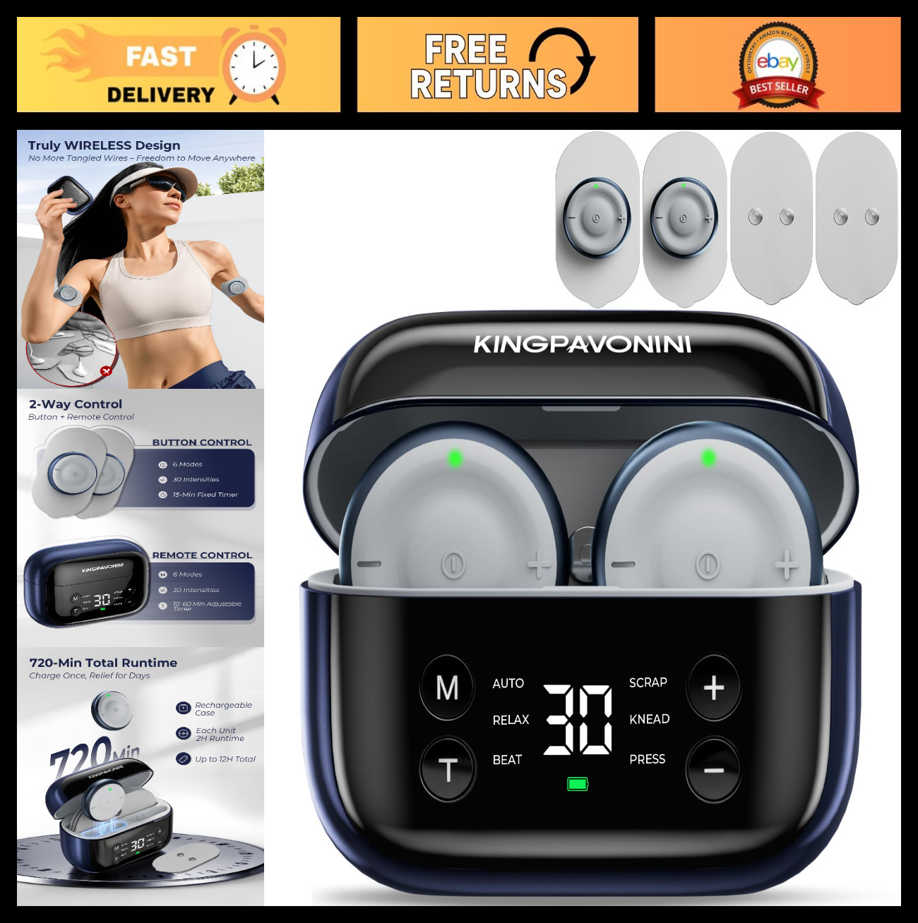 Wireless TENS Unit Muscle Stimulator for Pain Relief, Dual-Channel, 30 Intensiti