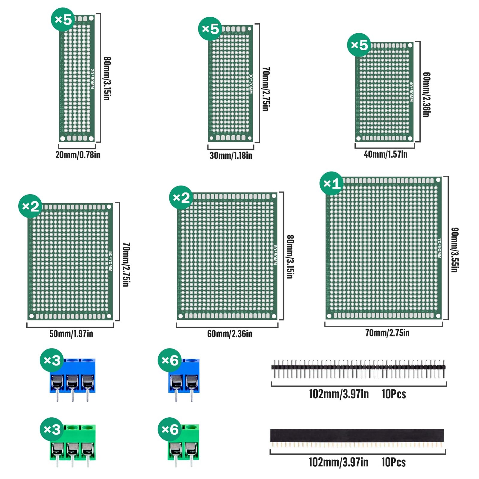 58Pcs Double Sided PCB Circuit Prototype Solder Board Header Terminal Blocks
