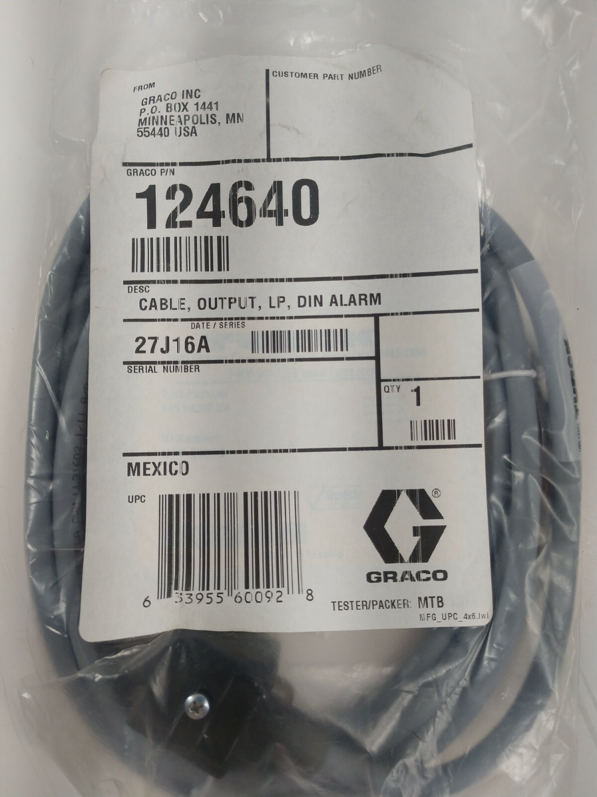GRACO CABLE, OUTPUT, LP, DIN ALARM 27J16A NEW SEALED (GRACO P/N 124640)