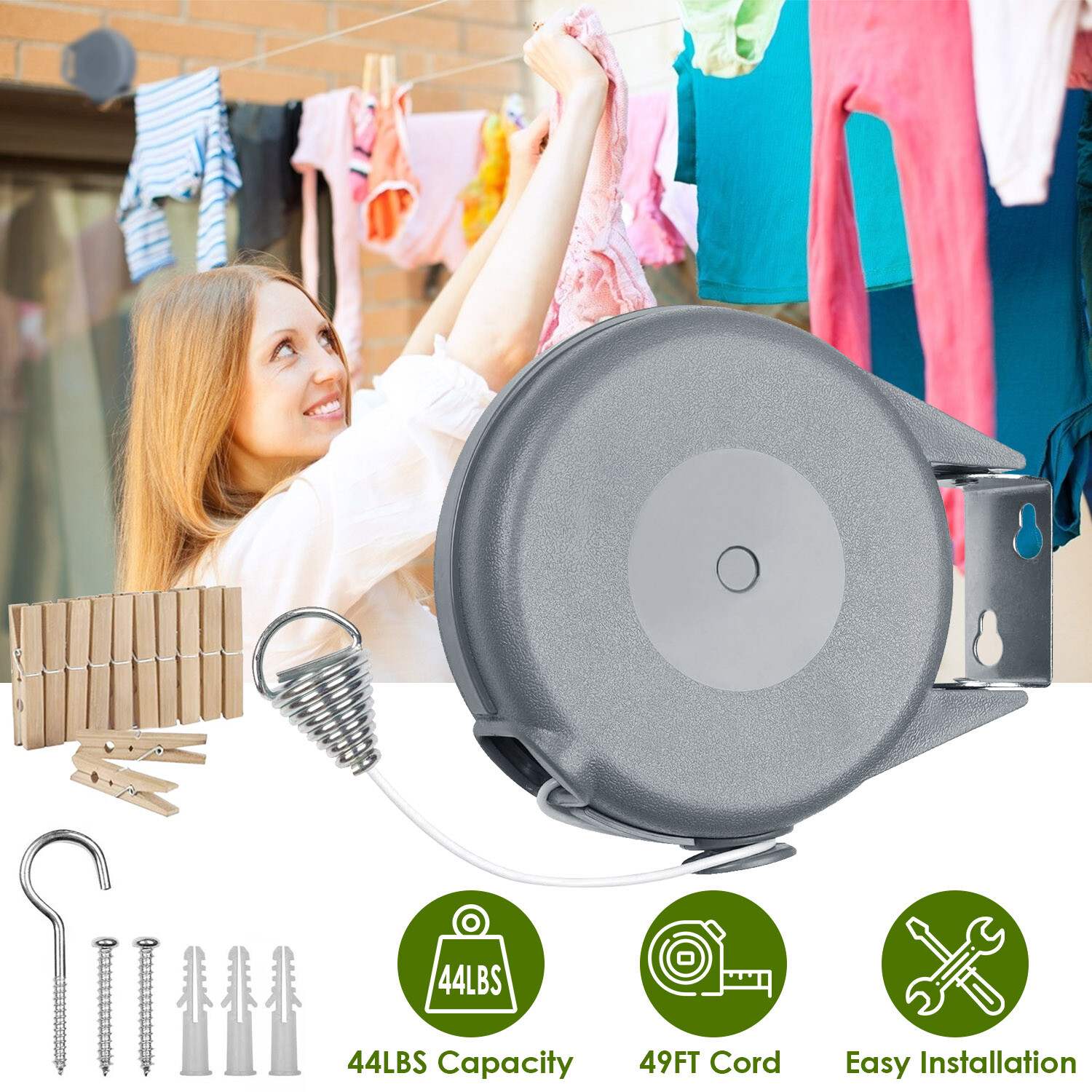 49FT Retractable Reel Outdoor Dryer Clothes Line Laundry Washing Clothesline