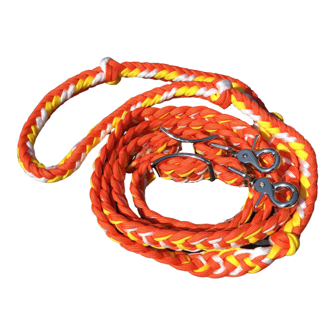 Braided Barrel Reins 8 ft long with 2 Scissor Snaps Orange / Yellow / White