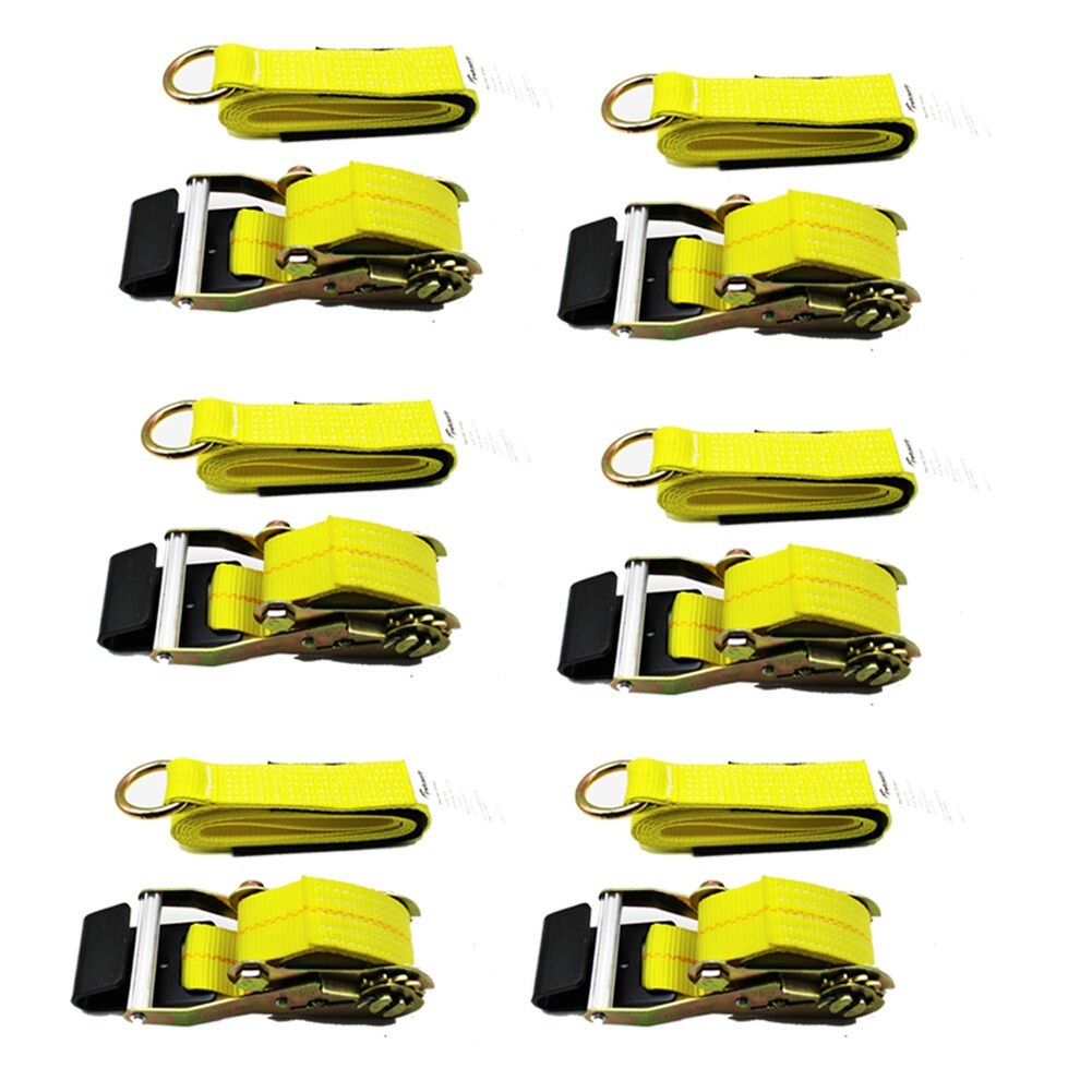 6 Pack Flat Hook 2"x8' Side Mount Wheel Net Tie Down with Ratchet Lasso Straps