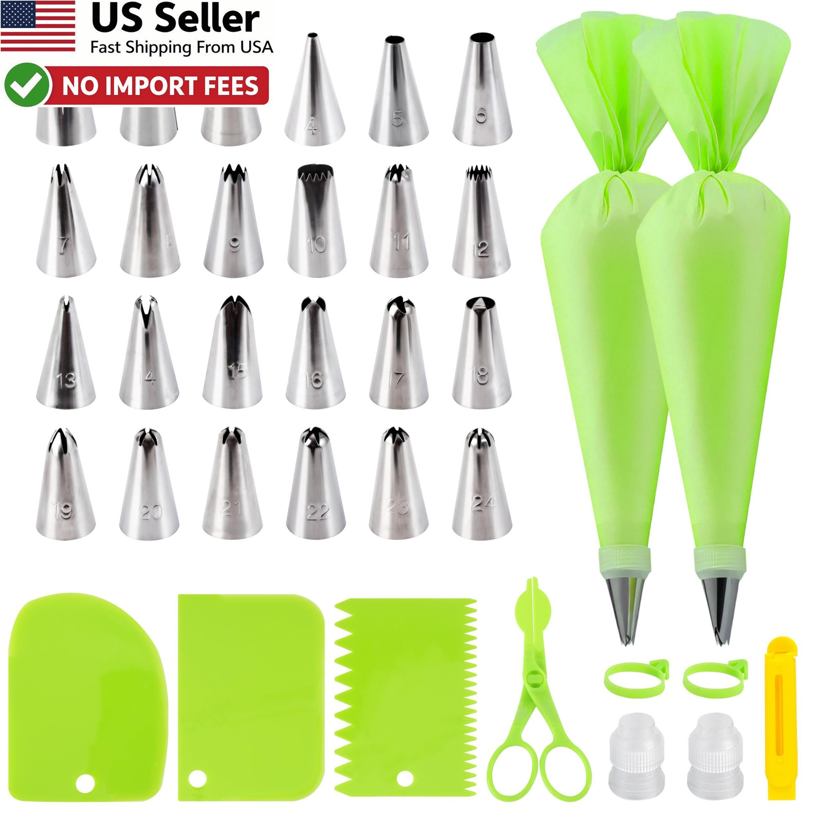 35Pcs Piping Bags and Tips Set 24 Frosting Nozzles 2 Pastry Bags 12" FROM USA
