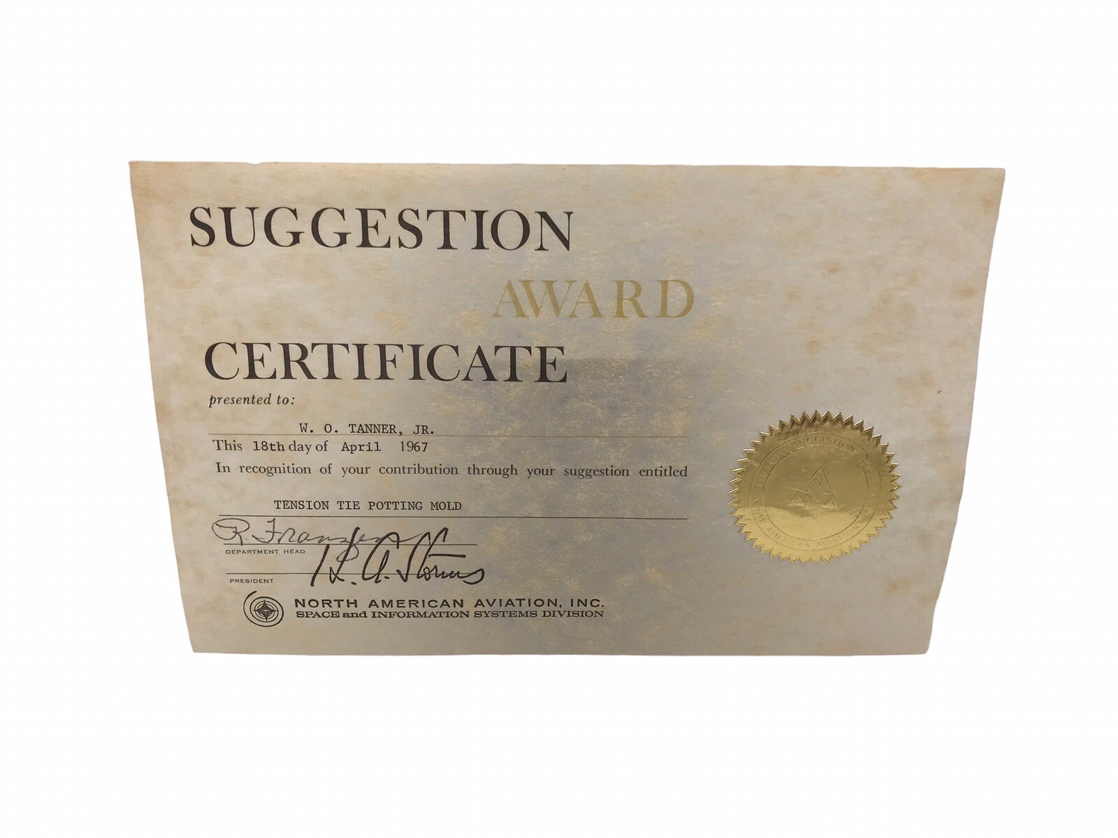 NASA North American Aviation Rockwell Apollo 1967 Suggestion Award Certificate
