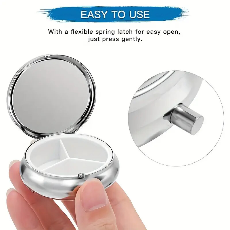 Mini Decorative Metal Round Pill Box, 3 Compartment Mini Decorative Pocket Size
