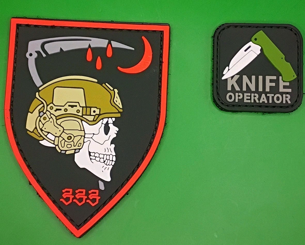Tactical PVC Morale Patch Set Skull Helmet Scythe 333 Knife Operator Hook & Loop