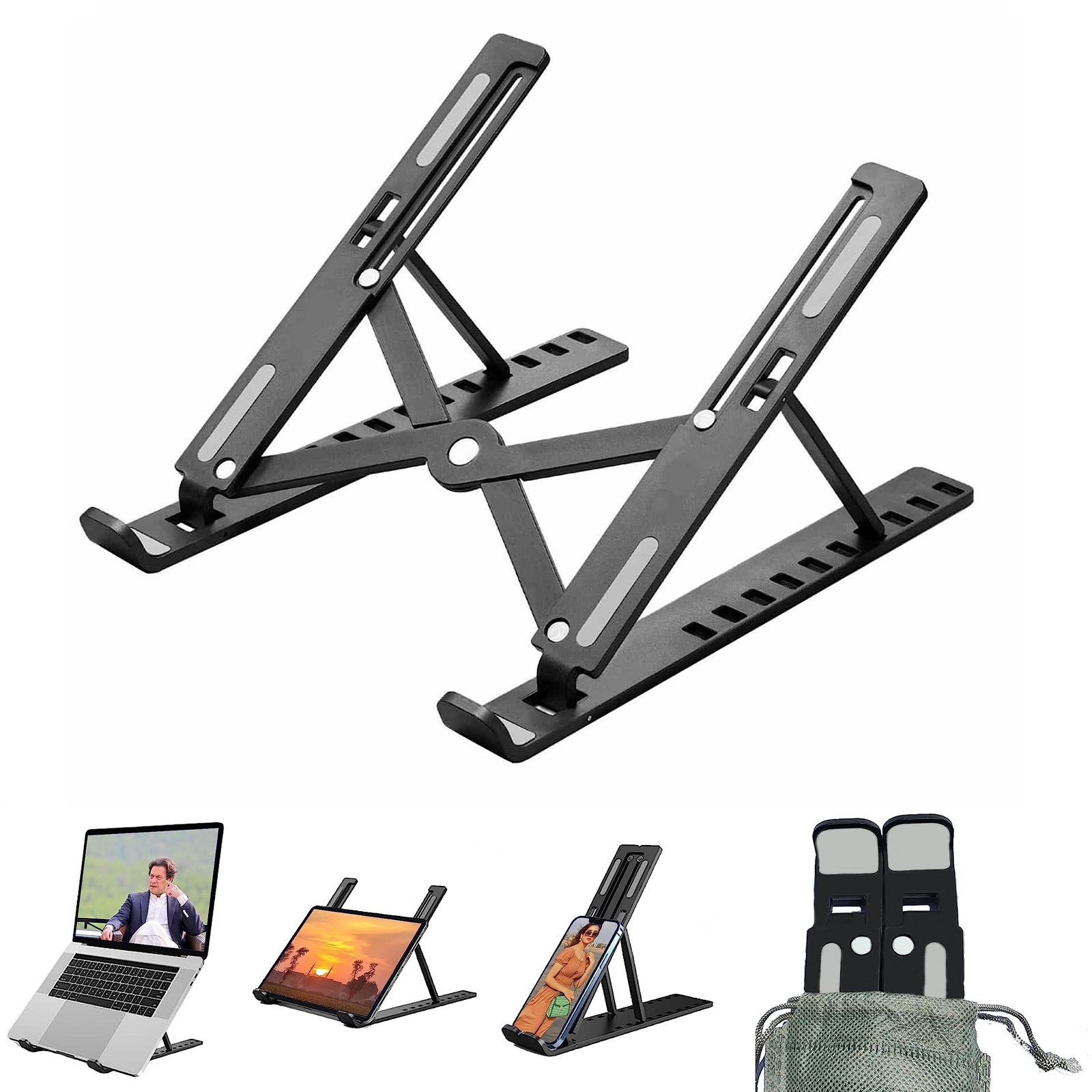QBerry Portable Laptop Stand, 10-Level Height Adjustable, Black Plastic