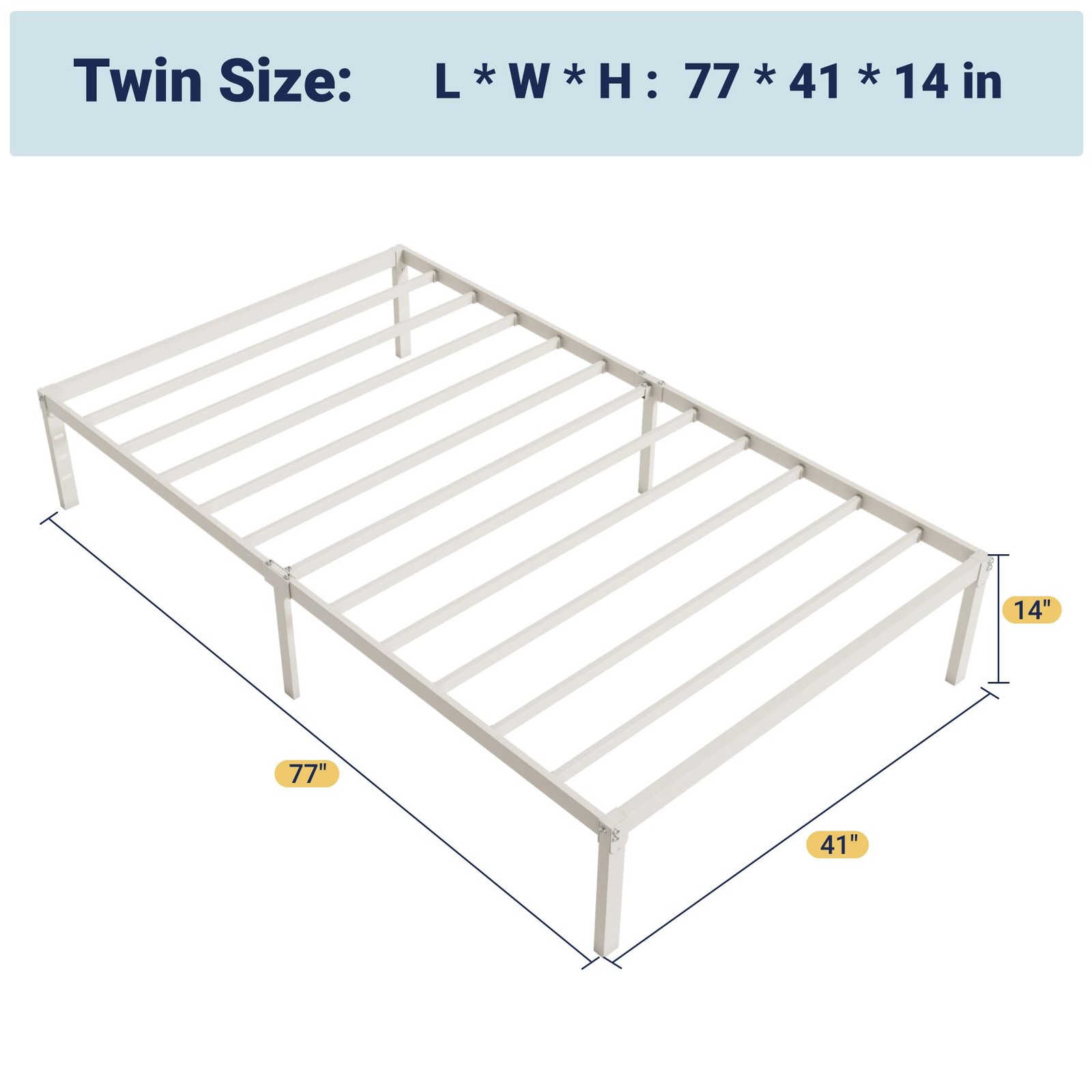 Twin Bed Frame 14~Inch Metal Platform with Storage, No Box Spring, White