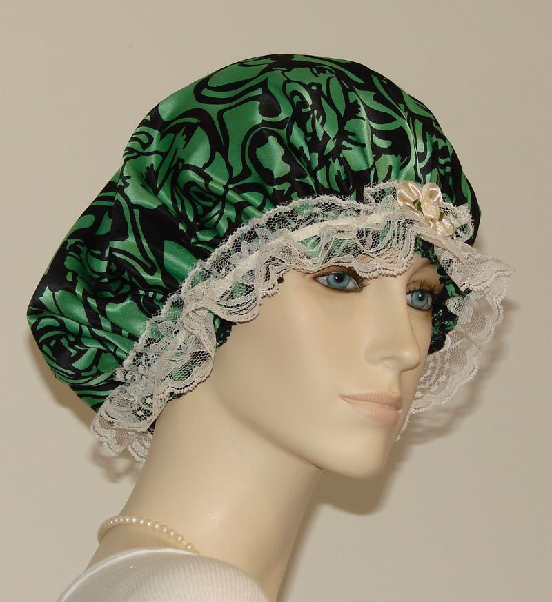Hair Bonnet Green Floral Silk w/ Cream Lace or Night Sleep Cap - Adult Size