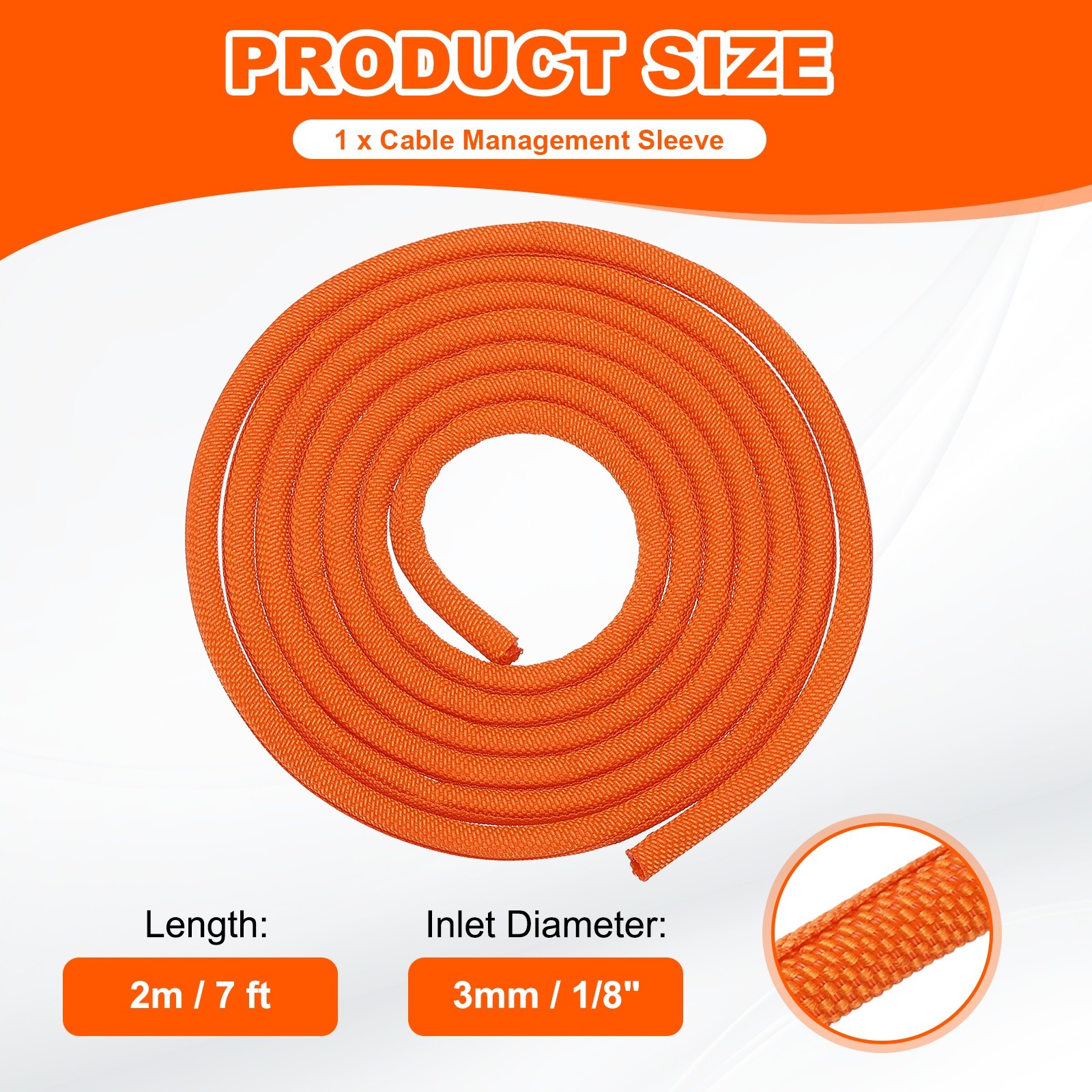 Wire Split Braided Cable Management Sleeve, Orange (1/8" - 7 Feet)